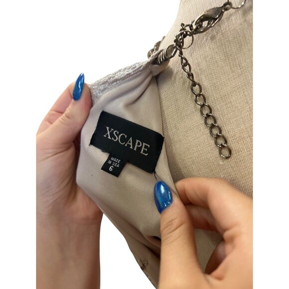 XSCAPE Silver Metallic Halter Neck Gown With Chain Detail Elegant Long Dress Eve - Picture 8 of 11